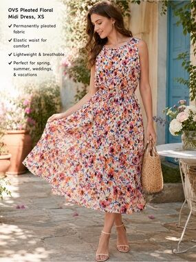 OVS Pleated Floral Midi Dress Sleeveless Watercolor Print Fit & Flare XS
